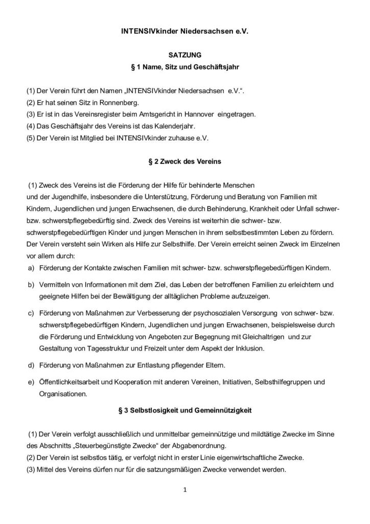 Satzung INTENSIVkinder Niedersachsen e.V.